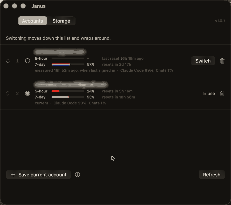 Switching between two saved Claude Code accounts in the Janus window